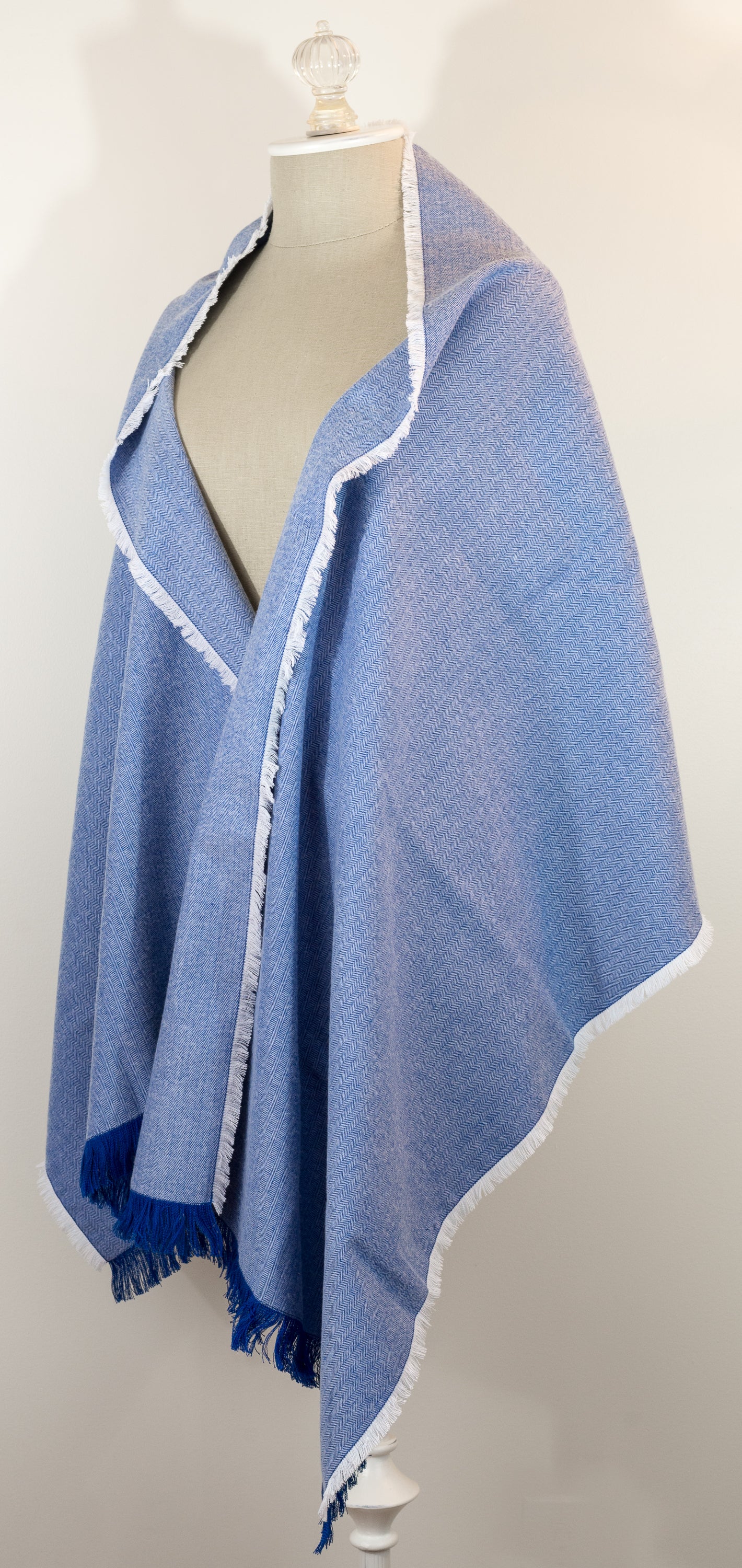 Blue Herringbone Flannel Blanket Scarf 23" x 72" Shawl with Kilt Pin