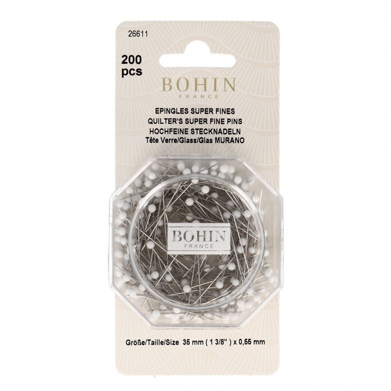 Bohin Extremely Fine 26611 Pins-Nickel-Plated Steel Set of 200 White