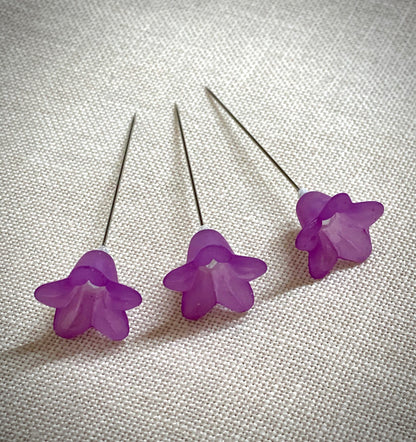 Violet Purple Flower Pins made by The Surgeon's Knots: Pincushions, Decoration, Embellishment, 3 Pins, Pinset