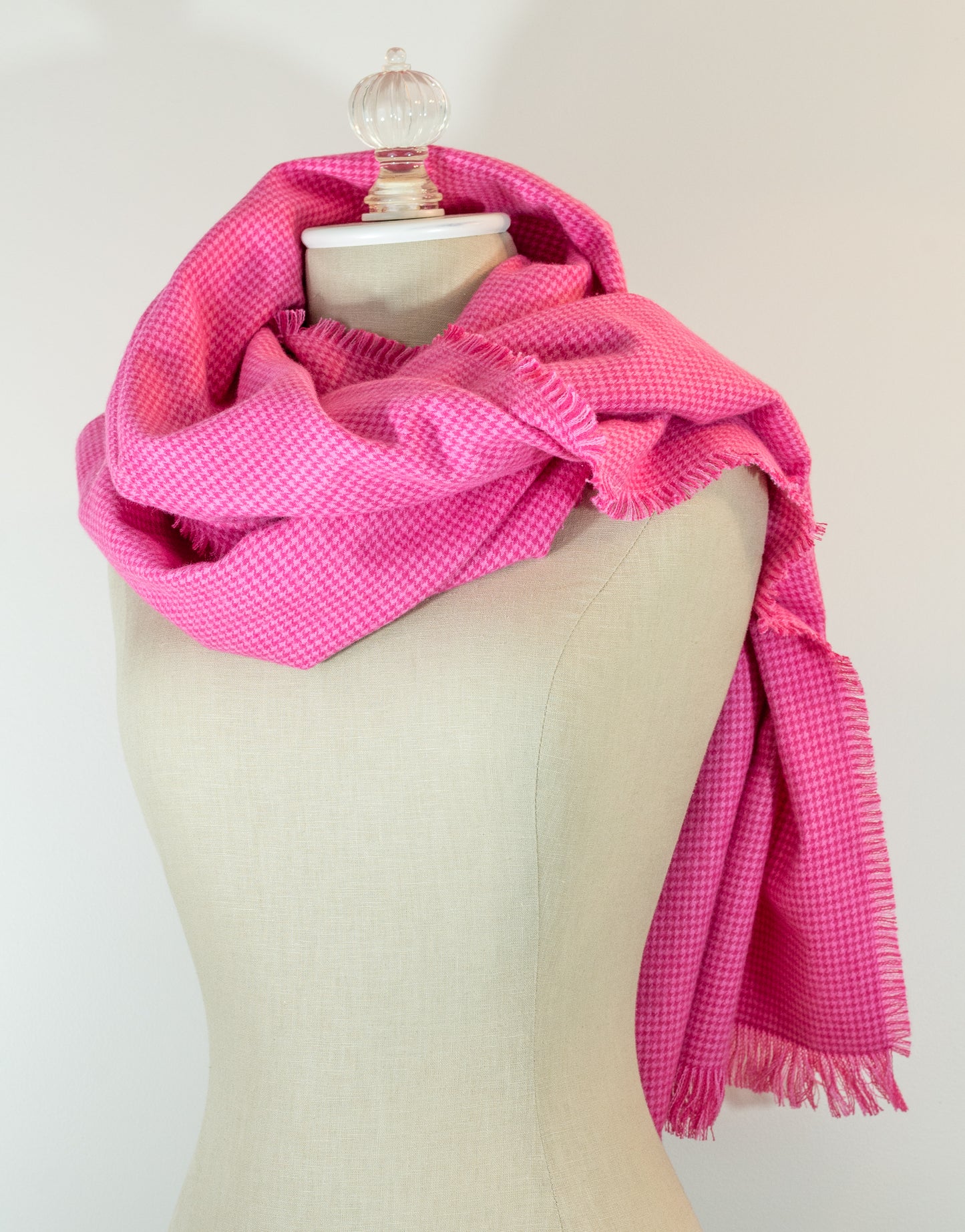 Bubblegum Pink Houndstooth Flannel Blanket Scarf: 23in x 72in Shawl with Kilt Pin Handmade in Maine