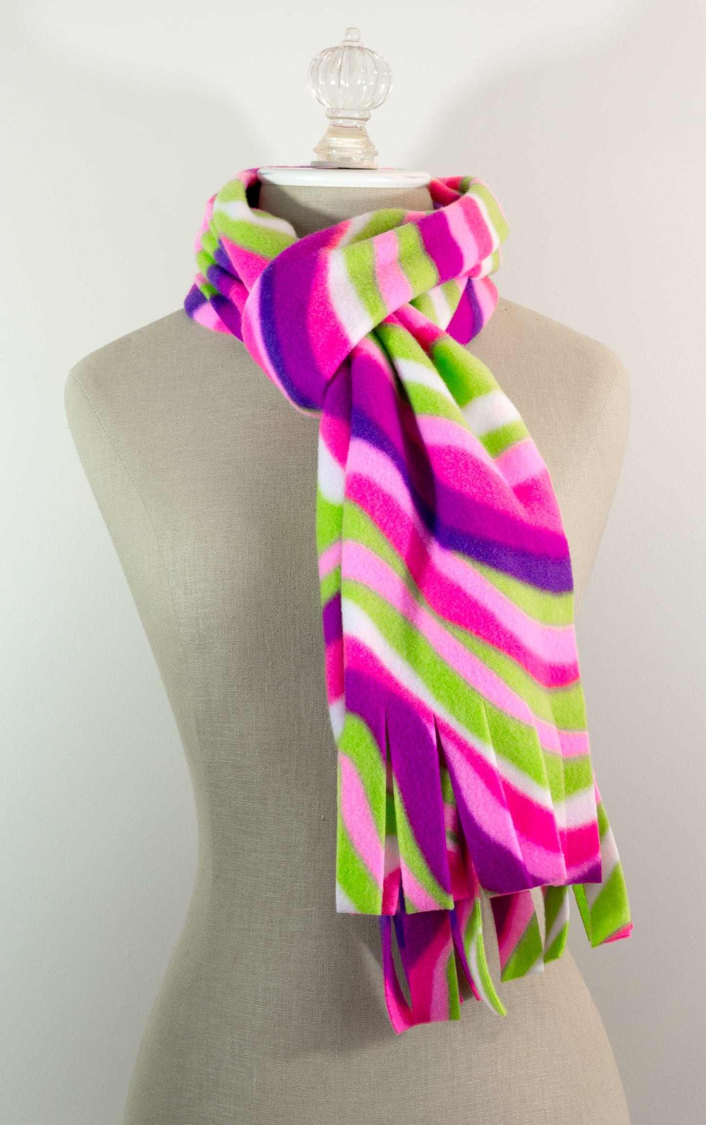 Pink, Purple, Lime Green, White Waves Polar Fleece Scarf 10" x 72" Handmade