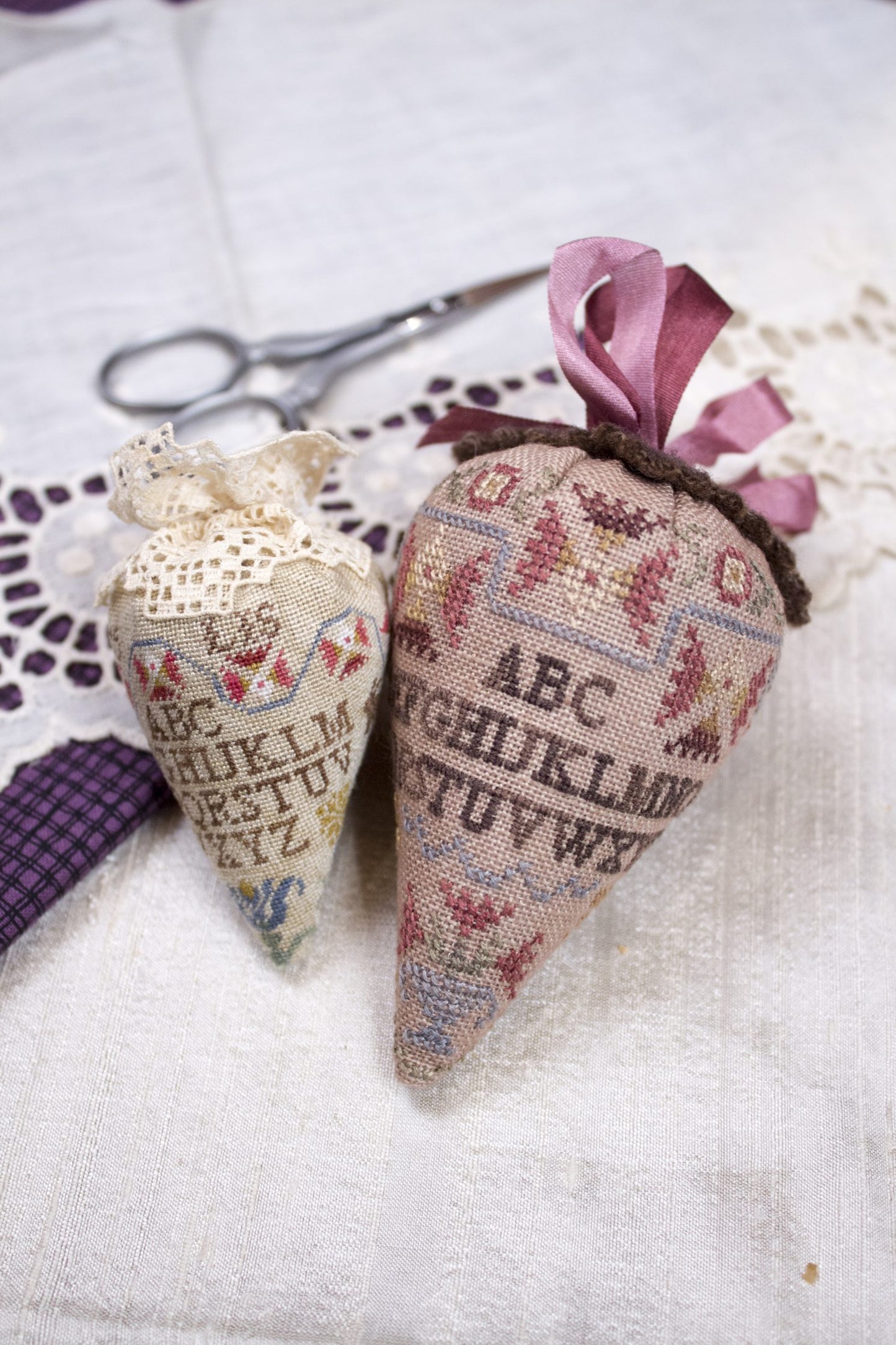 SAMPLER BERRY in Silk Cross Stitch Embroidery Pincushion Kit from Erica Michaels: Pattern, Silk, Floss, Lace and JABC Pins