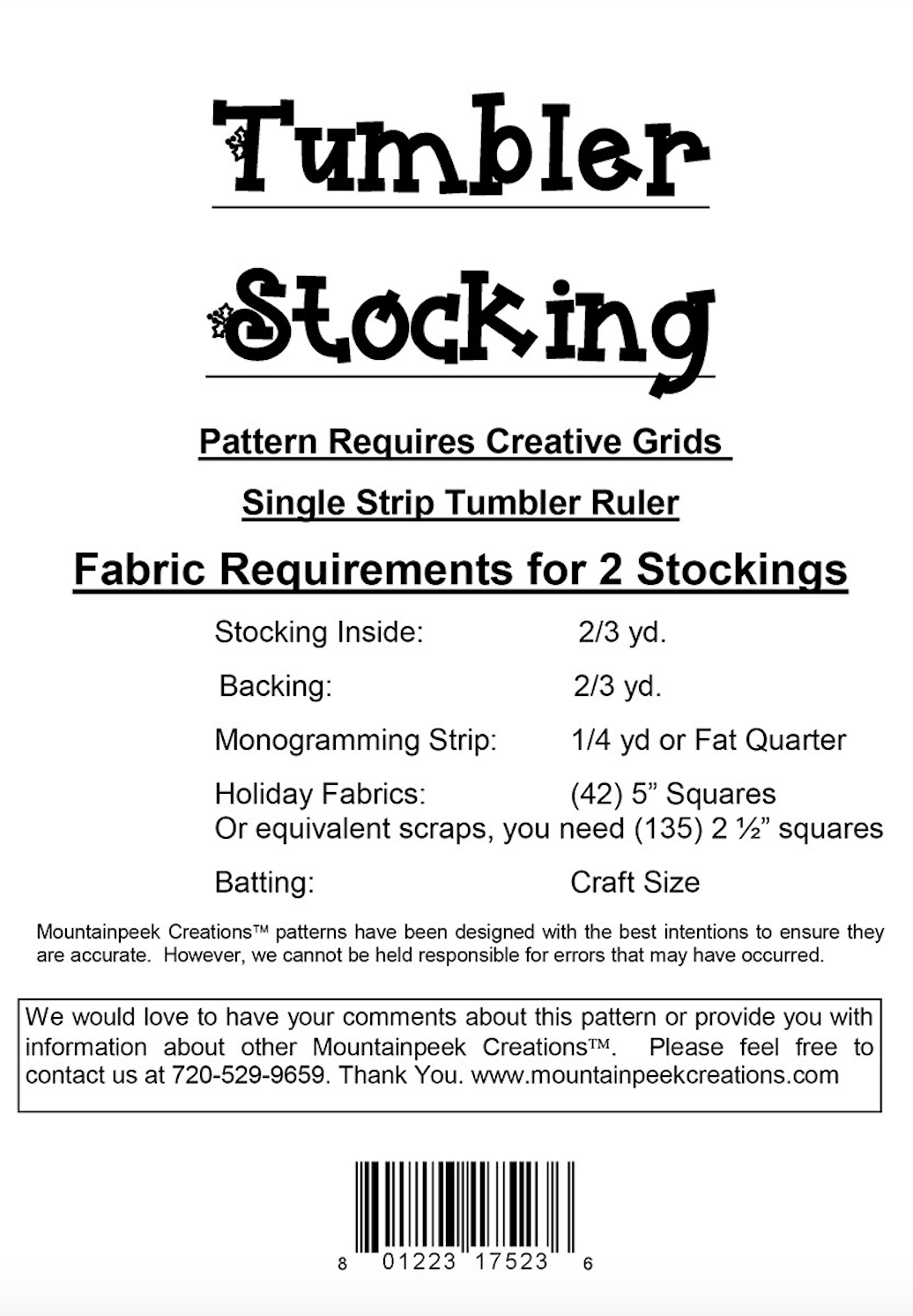 TUMBLER STOCKING Pattern by Kari Nichols and Kris Persun for Mountainpeek Creations Precut Friendly