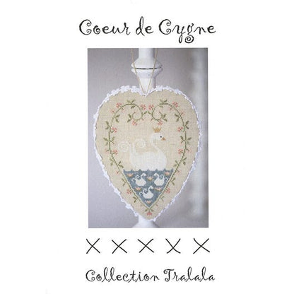 COEUR DE CYGNE Cross Stitch Embroidery Kit from Tralala: Swan Heart Pattern in French, Linen, Floss, Trim