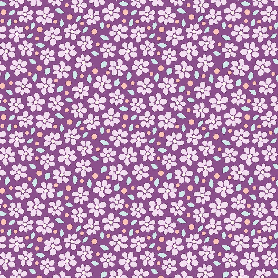 A repeating floral pattern on a purple background, featuring small white flowers with pink centers, scattered peach dots, and pale blue leaf shapes.
Photo by Tildafabrics.com [image_link]