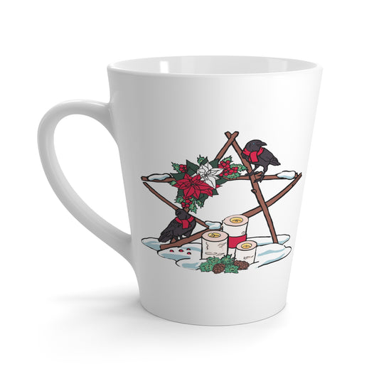 White mug with Christmas design featuring birds, candles, and holly on a white background Photo by Printify [image_link]