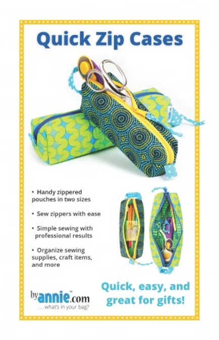 An advertisement for 'Quick Zip Cases' by annie.com, showcasing three zippered sewing supply pouches in various green, blue, and yellow patterns on a white background with a yellow border.
Photo by Annie [image_link]