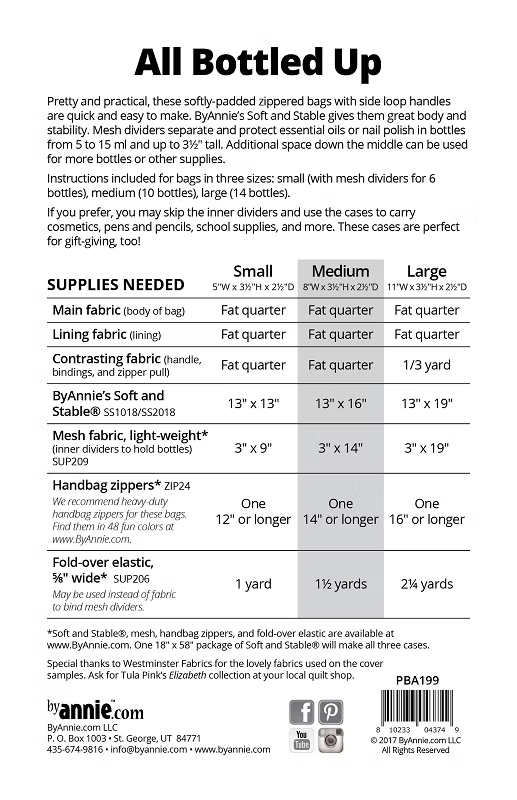 A product information sheet for 'All Bottled Up' by Byannie's Soft and Stabile, showing sizing and materials needed for Small, Medium, and Large sizes. The sheet includes a table with fabric measurements, mesh sizes, and fold-over elastic quantities, along with social media links and a website at the bottom.
Photo by Annie [additional_image_link]