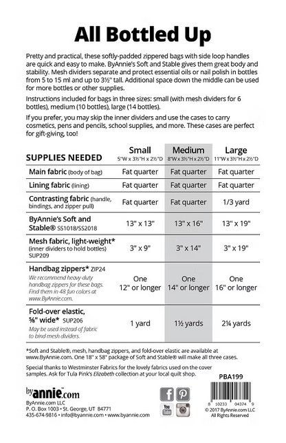 A product information sheet for 'All Bottled Up' by Byannie's Soft and Stabile, showing sizing and materials needed for Small, Medium, and Large sizes. The sheet includes a table with fabric measurements, mesh sizes, and fold-over elastic quantities, along with social media links and a website at the bottom.
Photo by Annie [additional_image_link]