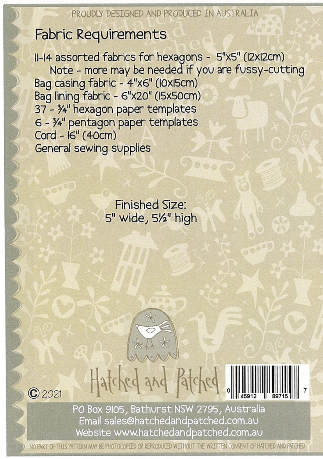 Back of a Hatched and Patched fabric kit packaging card, showing fabric requirements, finished size, a barcode, and product details on a beige patterned background.
Photo by Hatched and Patched [additional_image_link]