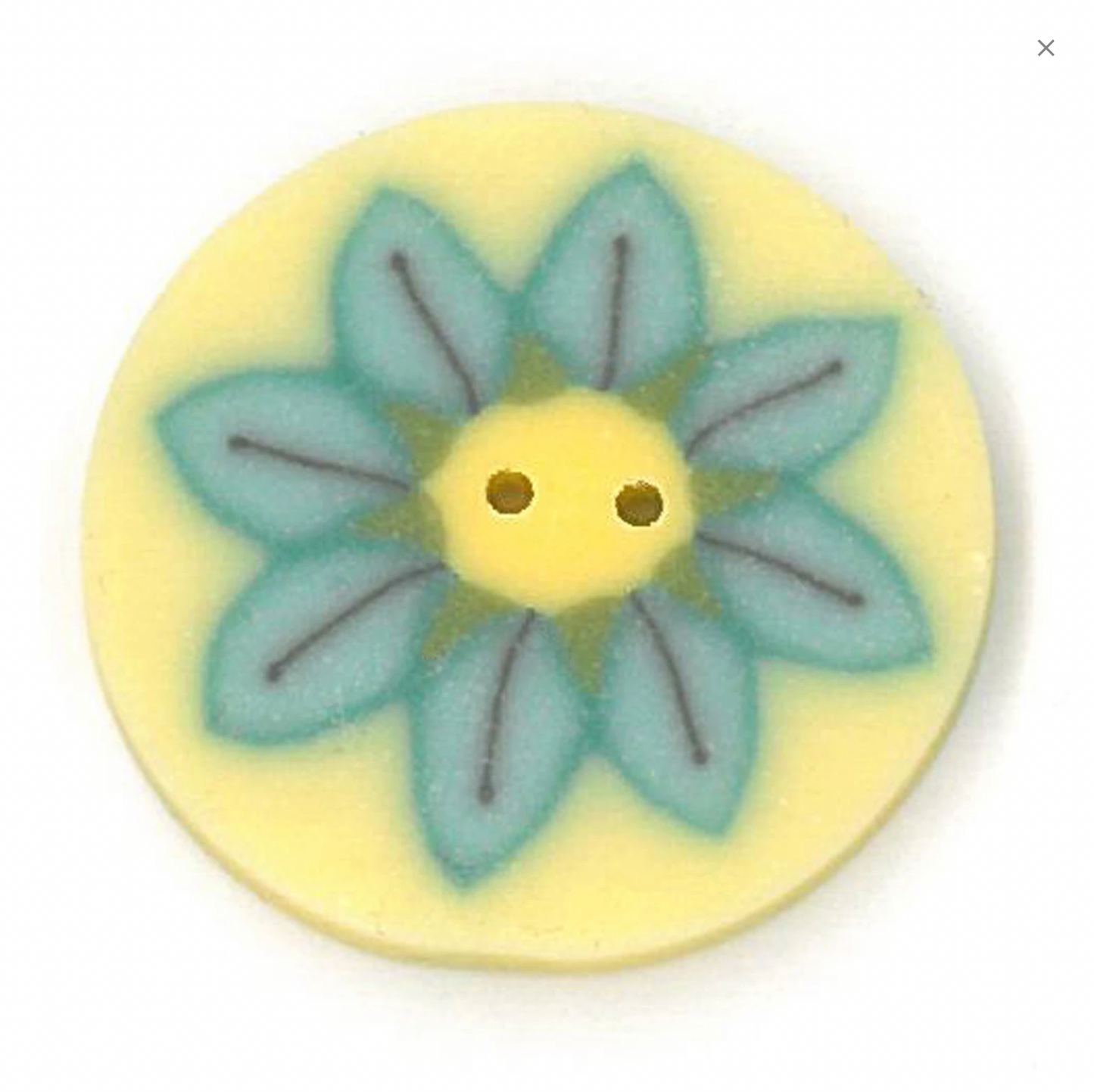 A round button featuring a stylized teal daisy flower design with a pale yellow center and petals in light blue and mint green, accented with thin dark lines.
