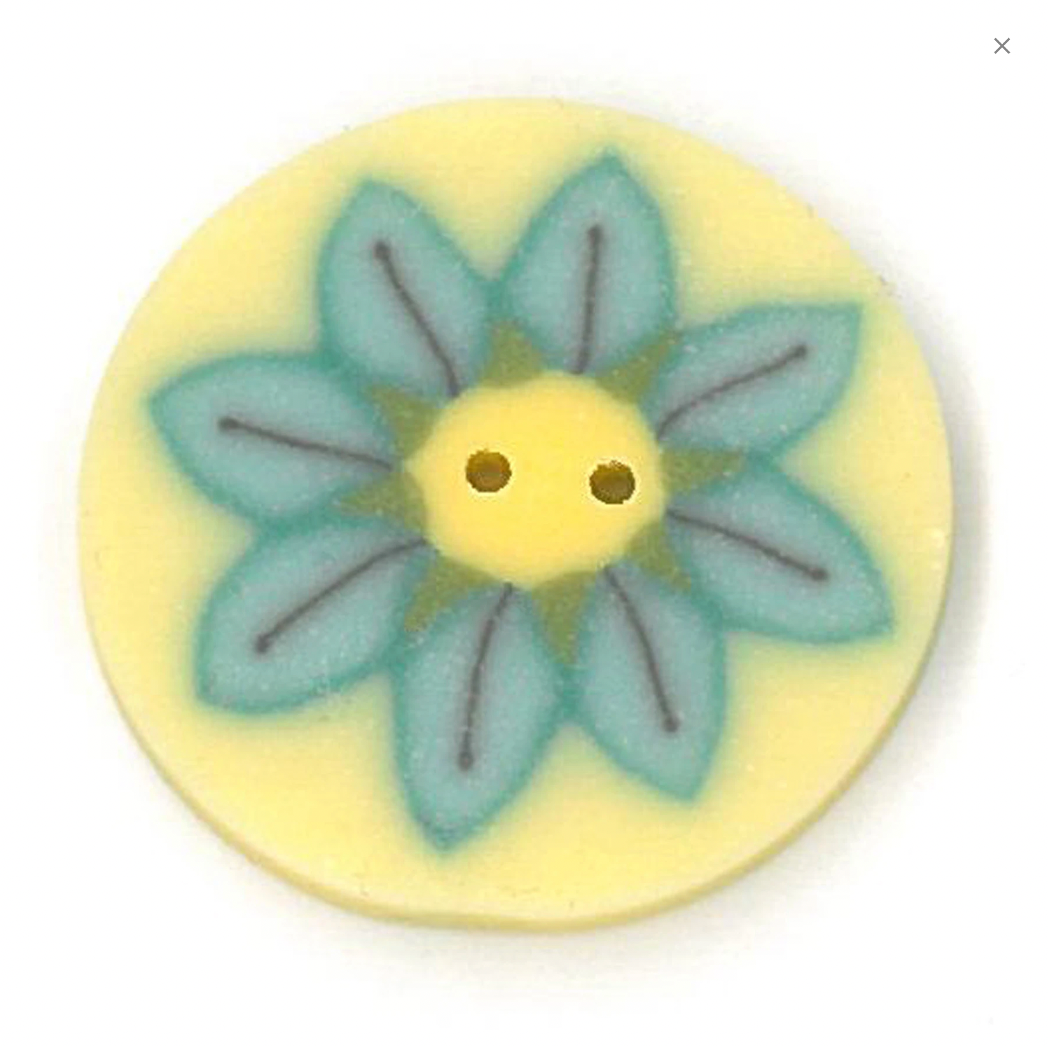 A round button featuring a stylized teal daisy flower design with a pale yellow center and petals in light blue and mint green, accented with thin dark lines.