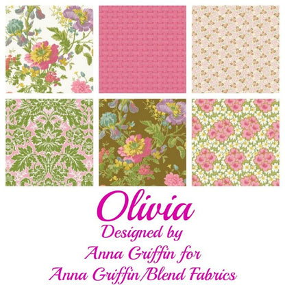 Six fabric pattern swatches arranged in a grid above the text 'Olivia Designed by Anna Griffin for Anna Griffin/Blend Fabrics.' The patterns include floral prints, damask, and small floral motifs in pink, green, cream, and olive tones.
[image_link]