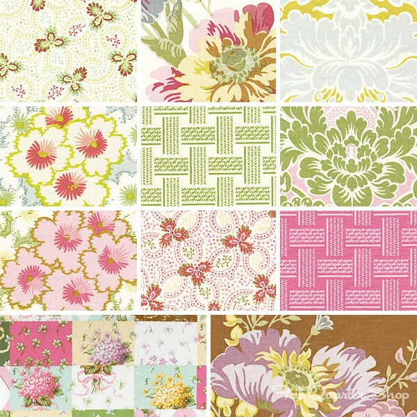 A collage of multiple fabric or wallpaper pattern swatches arranged in a grid, showing floral, geometric, and botanical designs in pink, green, yellow, beige, and brown tones.
[additional_image_link]