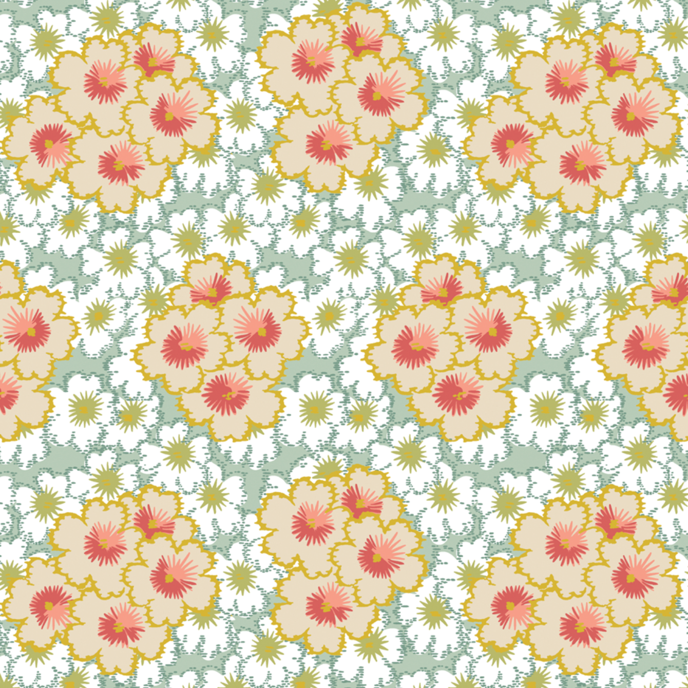 A repeating floral pattern featuring large cream flowers with pink centers and yellow outlines, interspersed with smaller white flowers and yellow starburst motifs on a pale sage green background.
[additional_image_link]