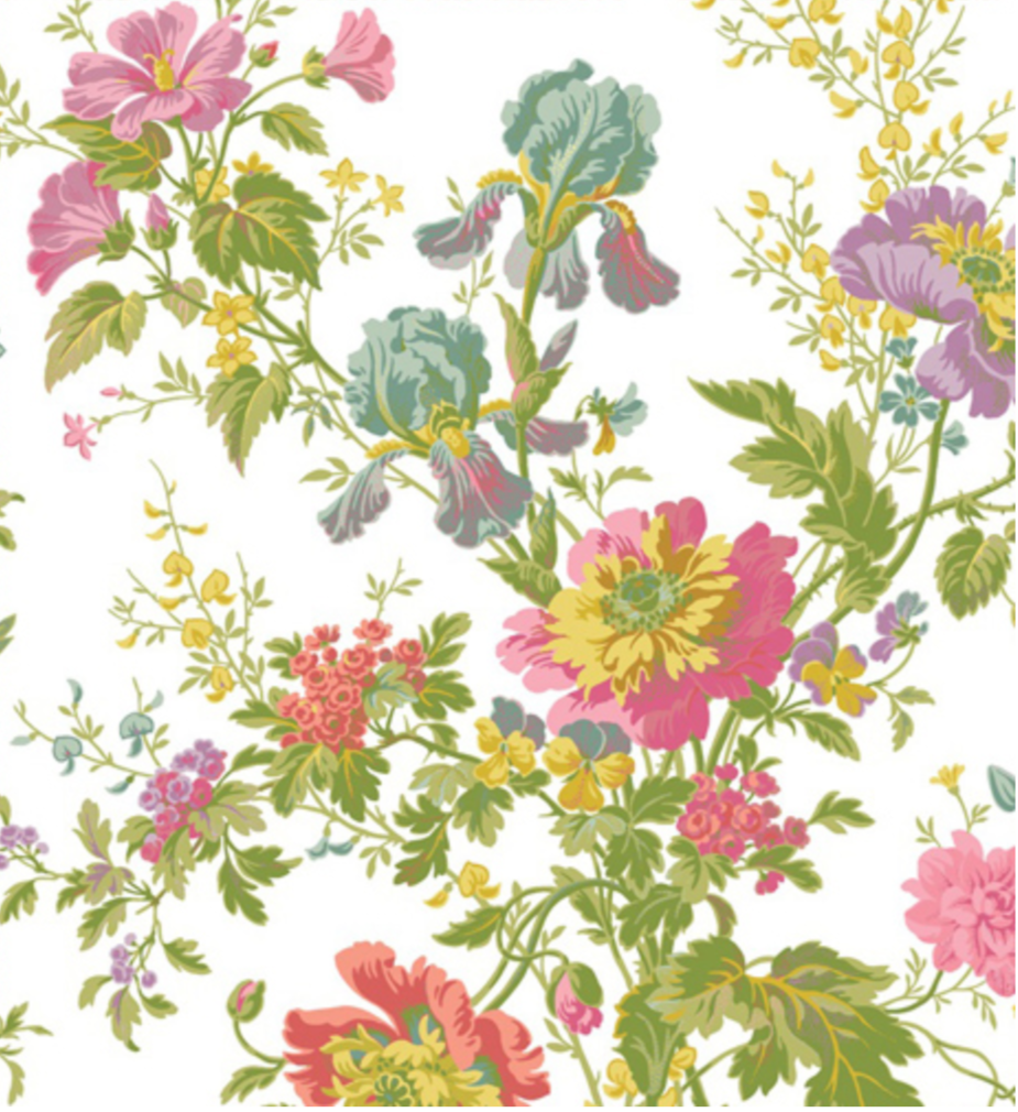 A repeating floral pattern on a white background, featuring pink, purple, yellow, and blue flowers with green leaves and stems.
[additional_image_link]