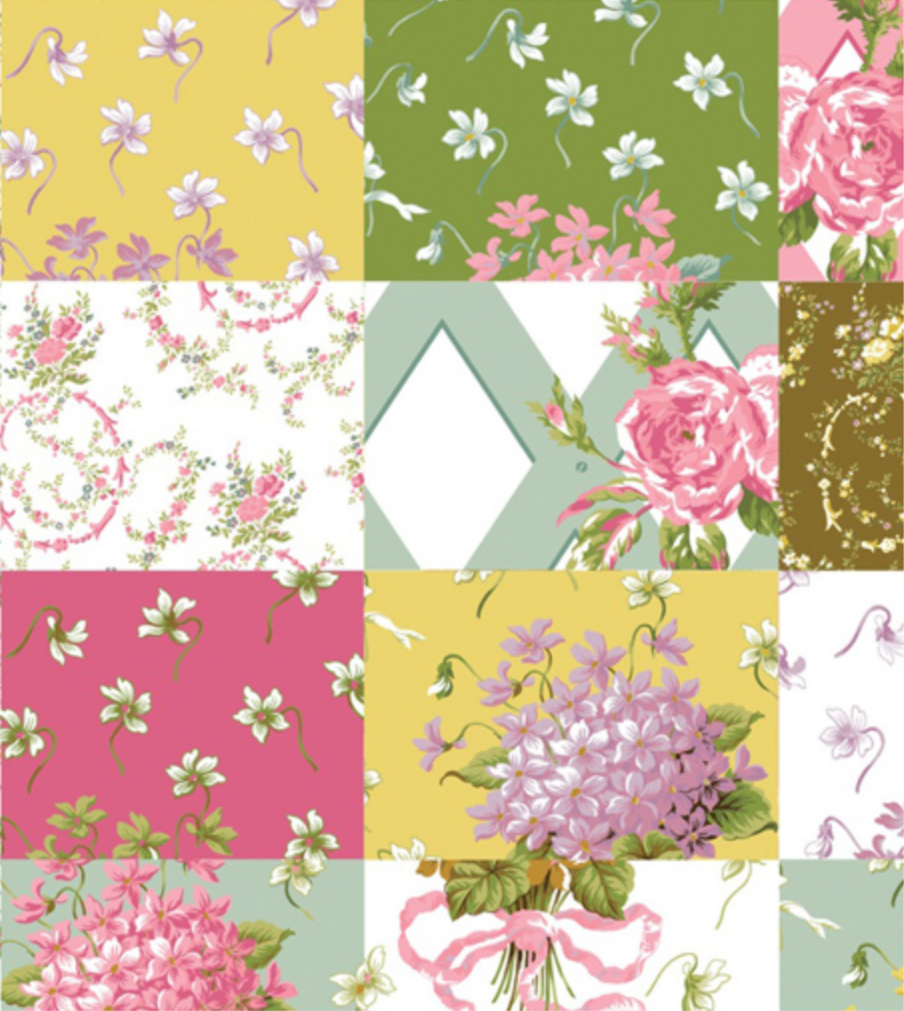 A collage of fabric pattern swatches arranged in a grid, showing floral, geometric, and botanical designs in pink, green, yellow, beige, and brown tones.
[additional_image_link]