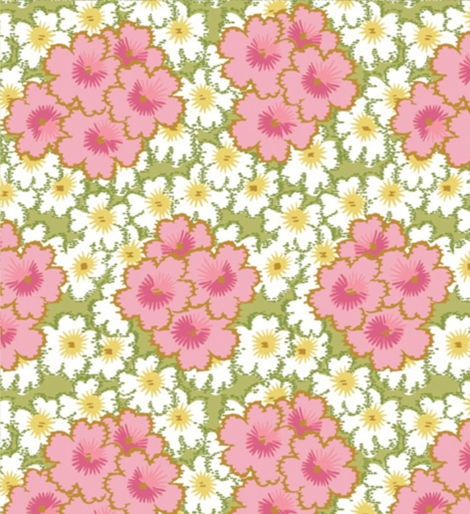 A repeating floral pattern featuring large pink flowers with yellow centers, small white daisy-like flowers, and a light olive green background.
[additional_image_link]