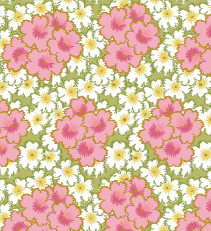 A repeating floral pattern featuring large pink flowers with yellow centers, small white daisy-like flowers, and a light olive green background.
[additional_image_link]