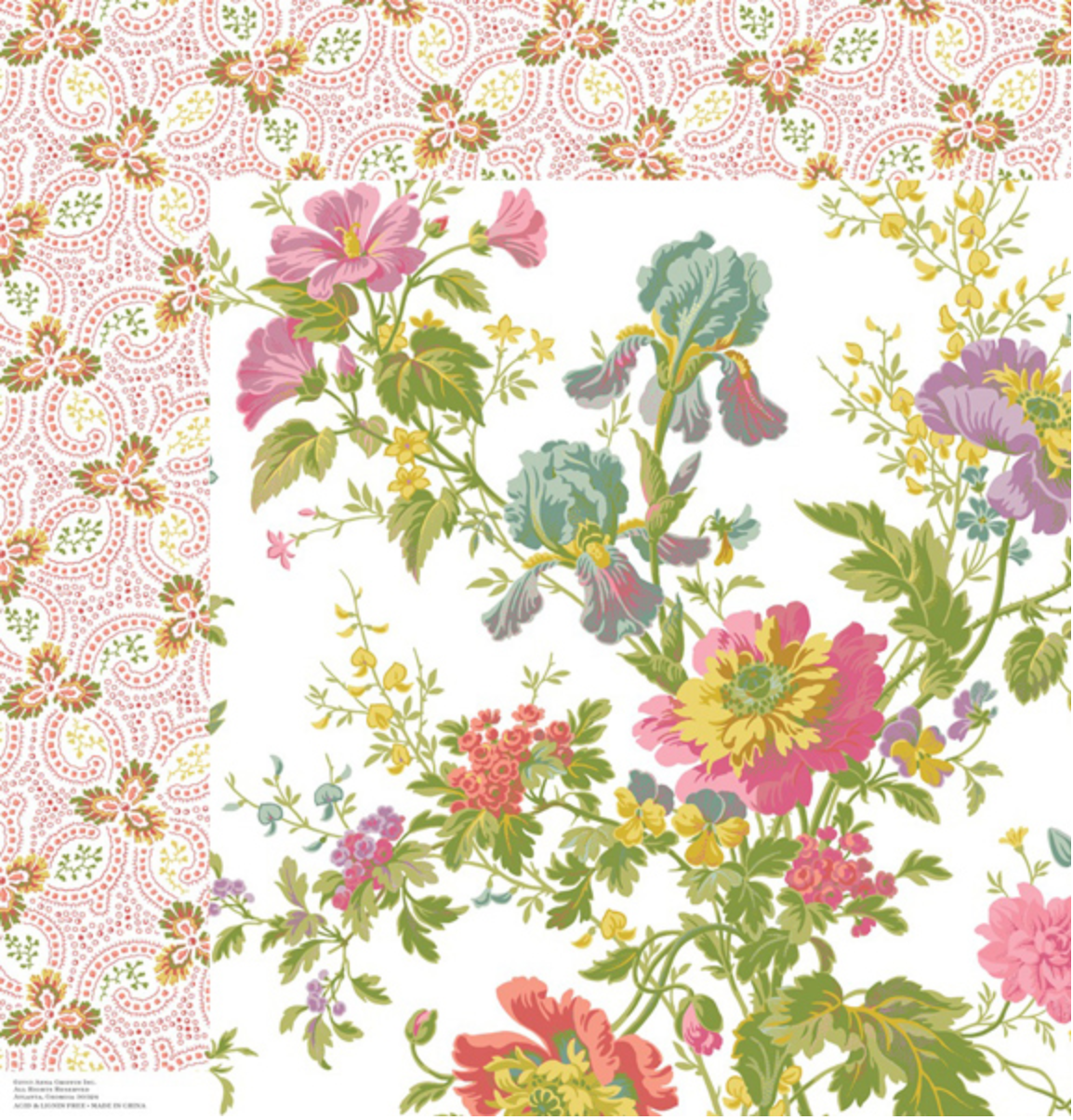 A square textile or wallpaper sample featuring a botanical floral pattern with pink, red, yellow, and green flowers on a white background, framed by a pink paisley border.
[additional_image_link]
