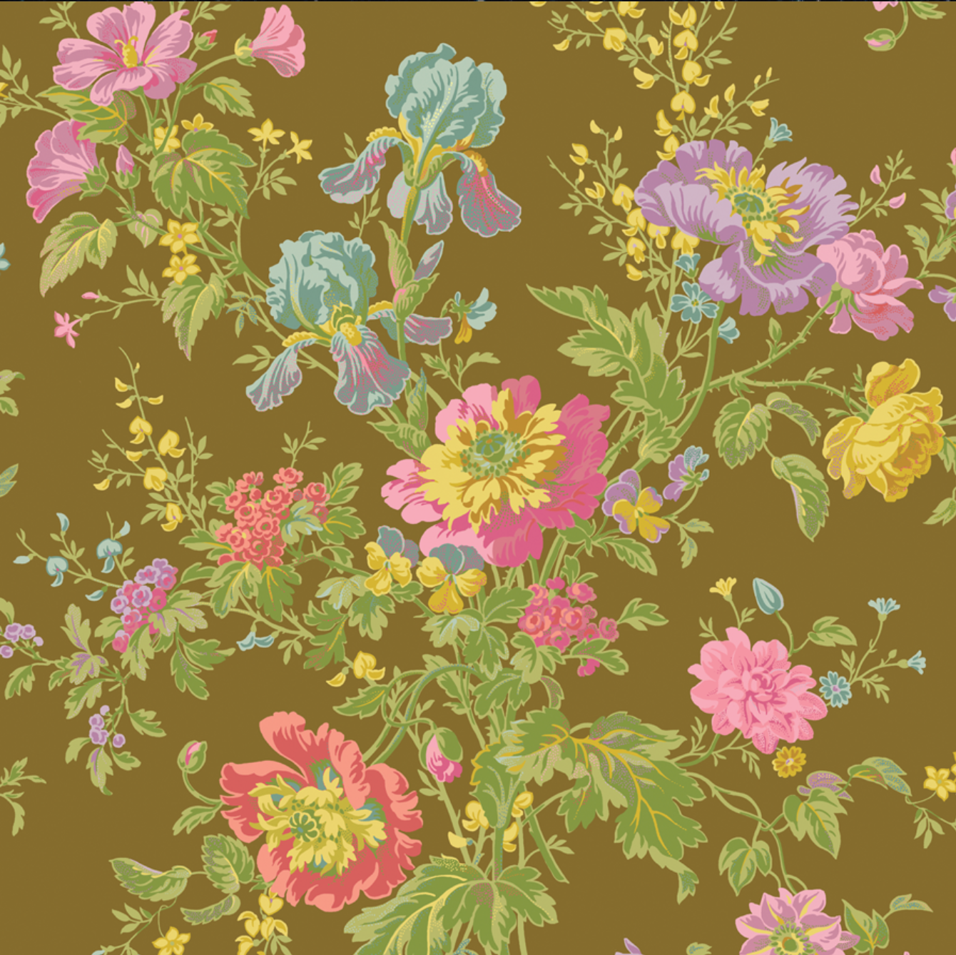 A repeating floral pattern on a warm brown background, featuring pink, purple, yellow, and blue flowers with green leaves and stems.
[additional_image_link]
