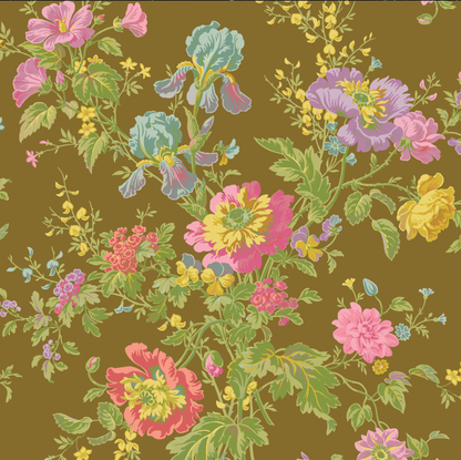 A repeating floral pattern on a warm brown background, featuring pink, purple, yellow, and blue flowers with green leaves and stems.
[additional_image_link]