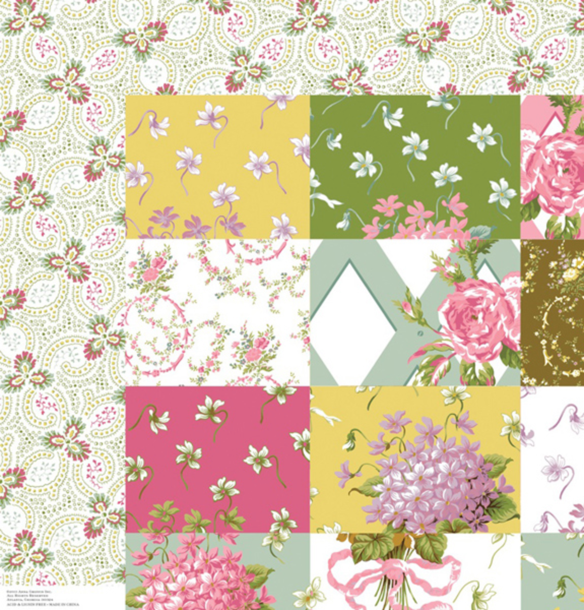 A square patchwork-style floral fabric or wallpaper design with multiple colored panels: pink, yellow, green, white, and gold, featuring flowers, leaves, ribbons, and ornamental motifs.
[additional_image_link]