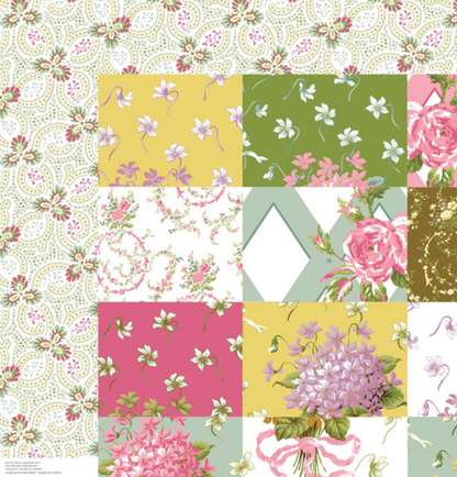 A square patchwork-style floral fabric or wallpaper design with multiple colored panels: pink, yellow, green, white, and gold, featuring flowers, leaves, ribbons, and ornamental motifs.
[additional_image_link]