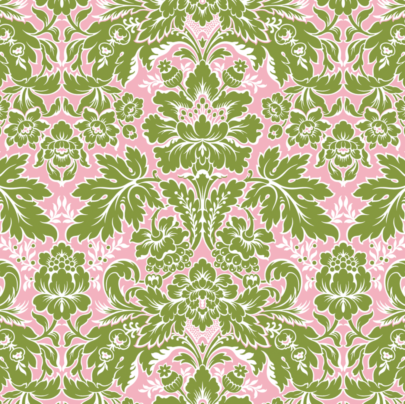 A repeating damask-style floral pattern with olive green ornamental motifs on a light pink background.
[additional_image_link]
