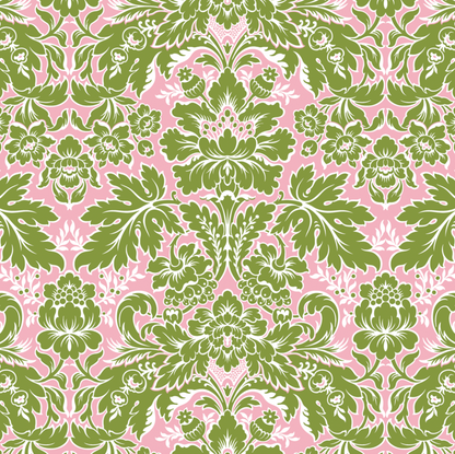 A repeating damask-style floral pattern with olive green ornamental motifs on a light pink background.
[additional_image_link]
