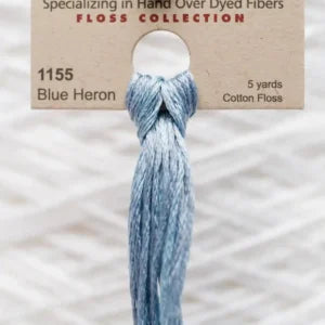 Blue Heron floss on a card with product details against a white background.

