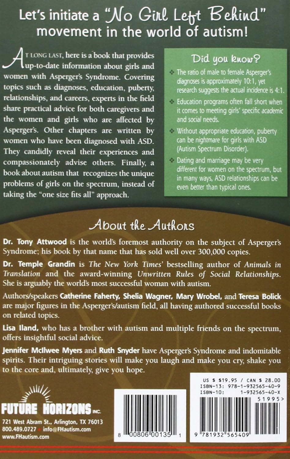 Book cover with text about autism, Asperger's Syndrome, and a 'No Girl Left Behind' movement.
[additional_image_link]