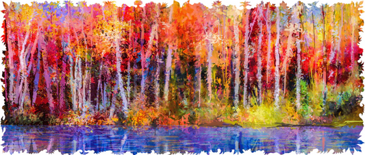 A colorful jigsaw puzzle depicting a vibrant autumn forest scene with red, orange, and yellow trees reflecting in a body of water.
Photo by Nautilus Puzzles [image_link]