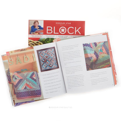 An open quilt pattern book showing colorful quilt designs and text, with the red Missouri Star Quilt Block cover visible behind it on a white background.
[additional_image_link]