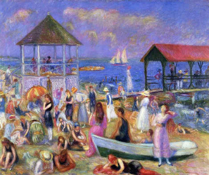 A wooden jigsaw puzzle depicting a vibrant beach scene with multiple figures, beach huts, and boats.
Photo by Nautilus Puzzles [image_link]