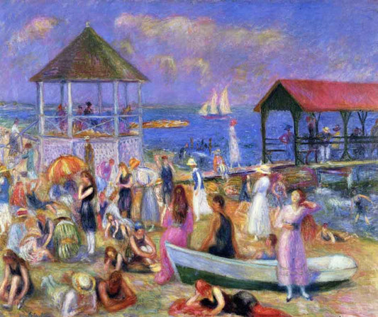 A wooden jigsaw puzzle depicting a vibrant beach scene with multiple figures, beach huts, and boats.
Photo by Nautilus Puzzles [image_link]