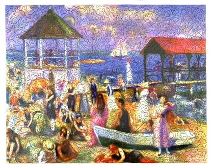 A wooden jigsaw puzzle depicting a vibrant beach scene with multiple figures, beach huts, and boats.
Photo by Karen King [additional_image_link]