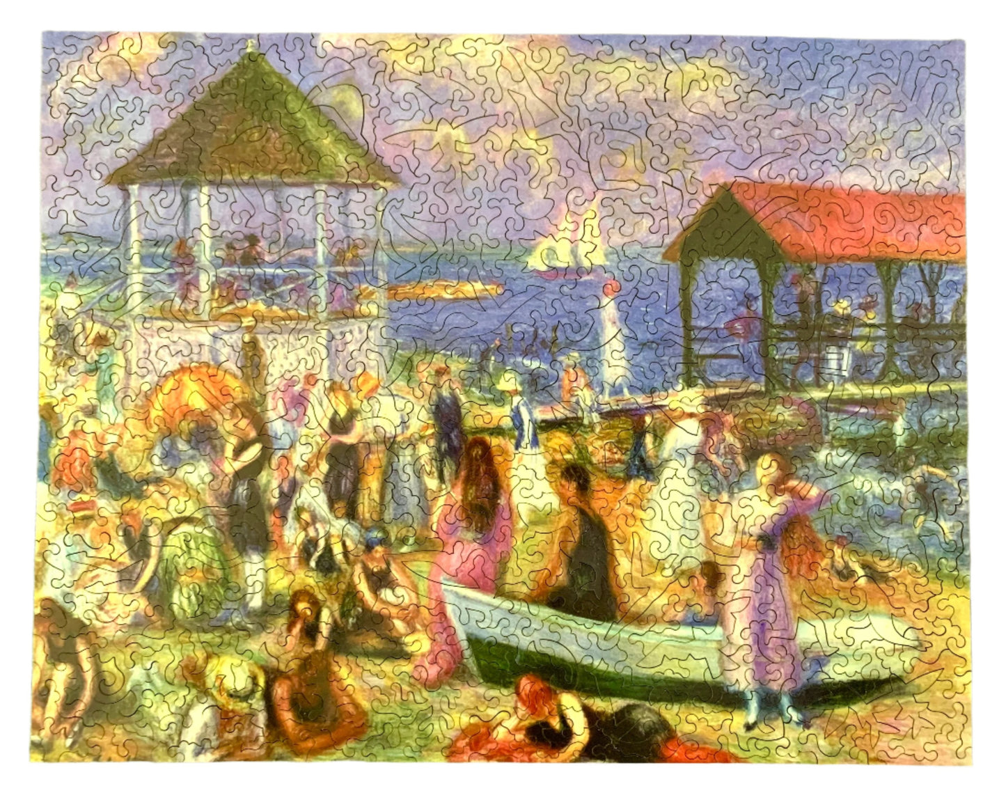 A wooden jigsaw puzzle depicting a vibrant beach scene with multiple figures, beach huts, and boats.
Photo by Karen King [additional_image_link]