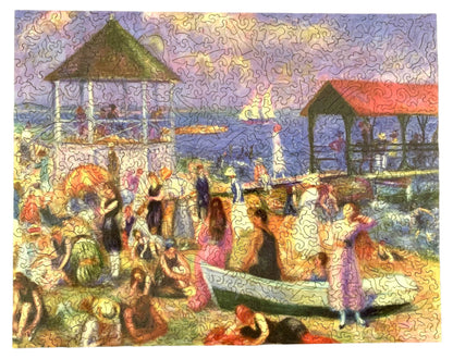 A wooden jigsaw puzzle depicting a vibrant beach scene with multiple figures, beach huts, and boats.
Photo by Karen King [additional_image_link]