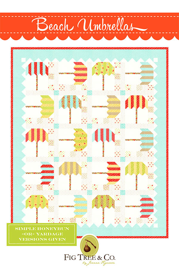 Pattern cover for 'Beach Umbrellas' by Fig Tree & Co., showing a quilt design with multiple colorful striped and floral beach umbrella motifs arranged in a grid on a mint and white patterned background.
Photo by Fig Tree & Co. [image_link]