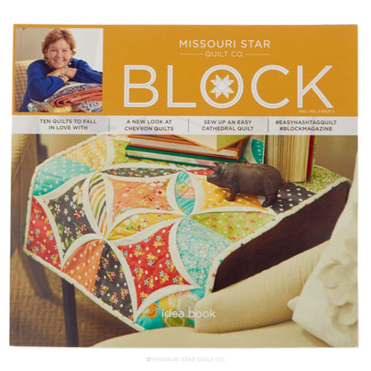 Front cover of the Missouri Star Quilt Co. book titled 'Block' by Lisa Sturdivant, featuring a quilted table covered with a colorful patchwork quilt. Fall Volume 2 Issue 5.
[additional_image_link]