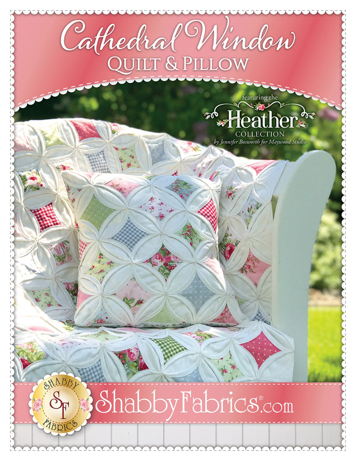 A quilt and pillow set featuring a cathedral window pattern with multicolored patches, showcased on a white chair outdoors. The product image includes the brand name 'Shabby Fabrics' and the website address.
Photo by Shannon Fabrics [image_link]