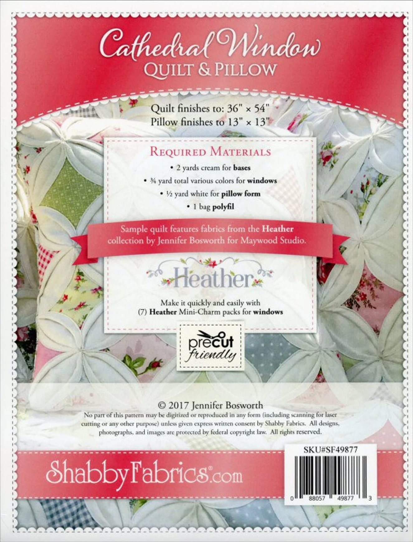 A quilt and pillow set featuring a cathedral window pattern with multicolored patches, showcased on a white chair outdoors, back page of pattern required materials.
Photo by Shabby Fabrics [additional_image_link]