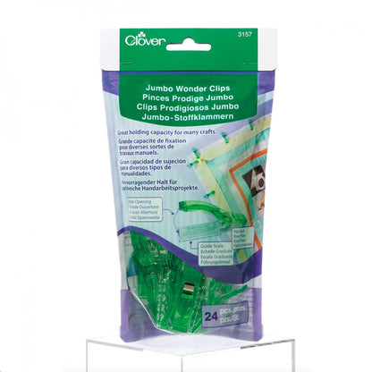 Packaging of Clover Jumbo Wonder Clips in green color for crafting, showing the product and its name, with a quantity of 24 pieces.
Photo by Clover-USA.com [image_link]