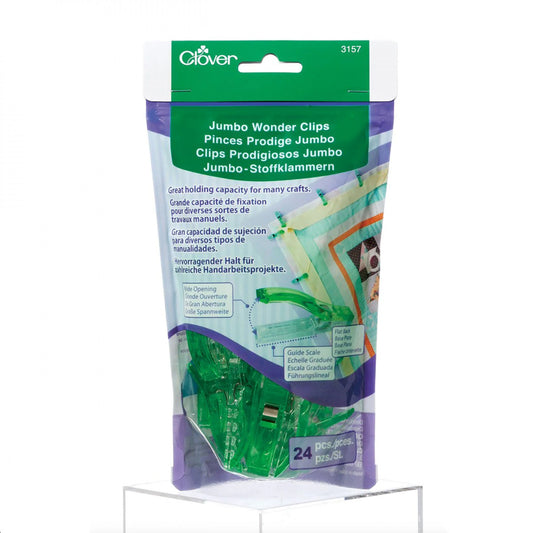 Packaging of Clover Jumbo Wonder Clips in green color for crafting, showing the product and its name, with a quantity of 24 pieces.
Photo by Clover-USA.com [image_link]