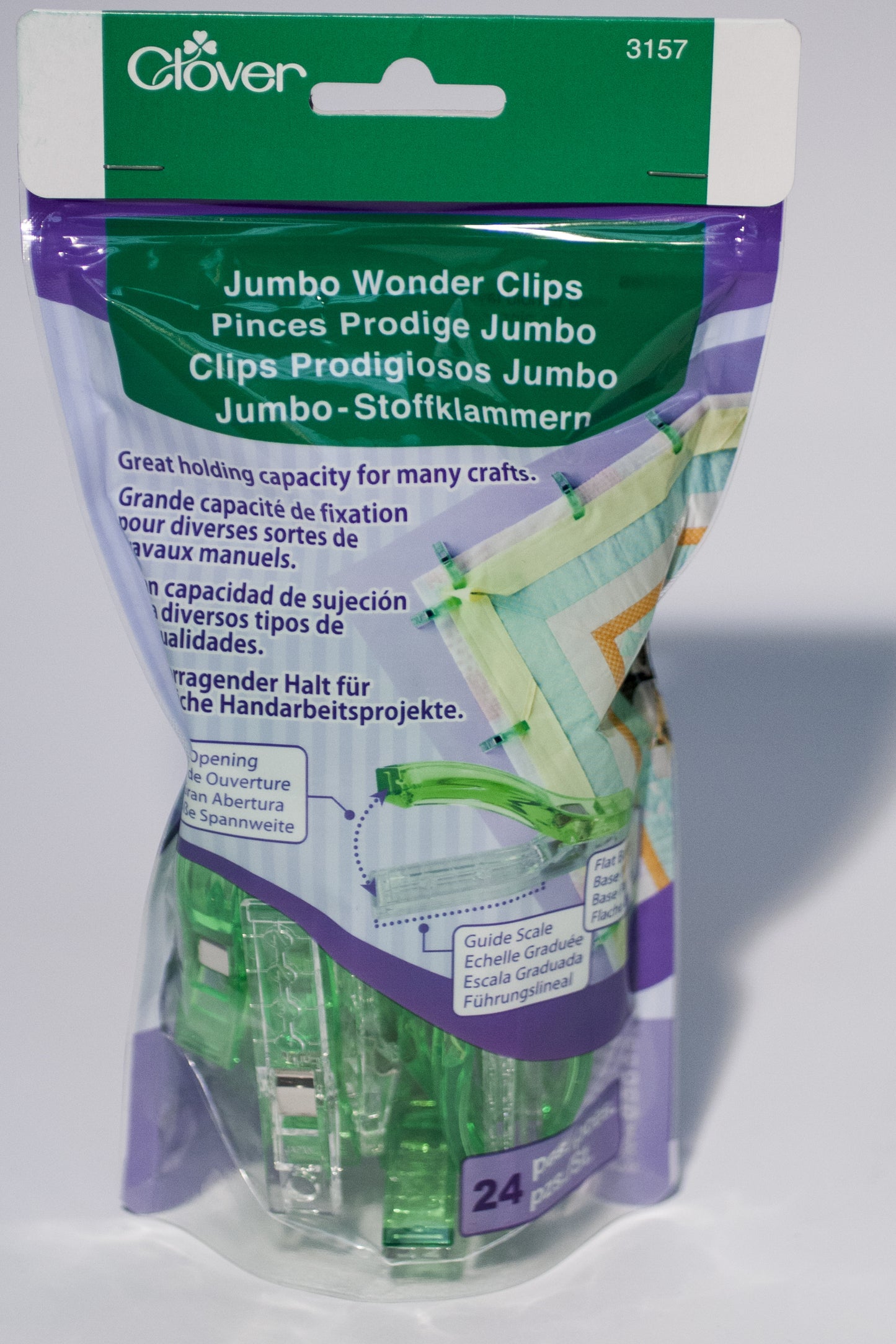 Packaging of Clover Jumbo Wonder Clips in green color for crafting, showing the product and its name, with a quantity of 24 pieces.
Photo by Clover-USA.com [additional_image_link]