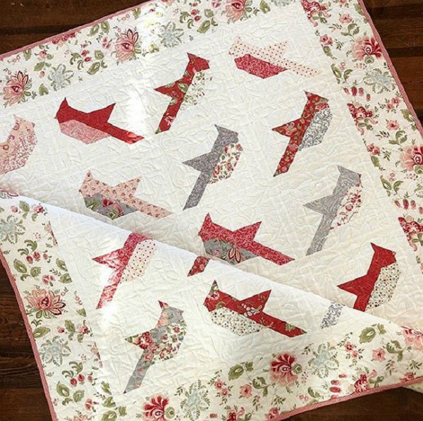 A quilted baby quilt featuring bird motifs in red, pink, and gray on a white background with a floral border, laid out on a dark wooden surface.
Photo by ThePatternBasket.com [additional_image_link]