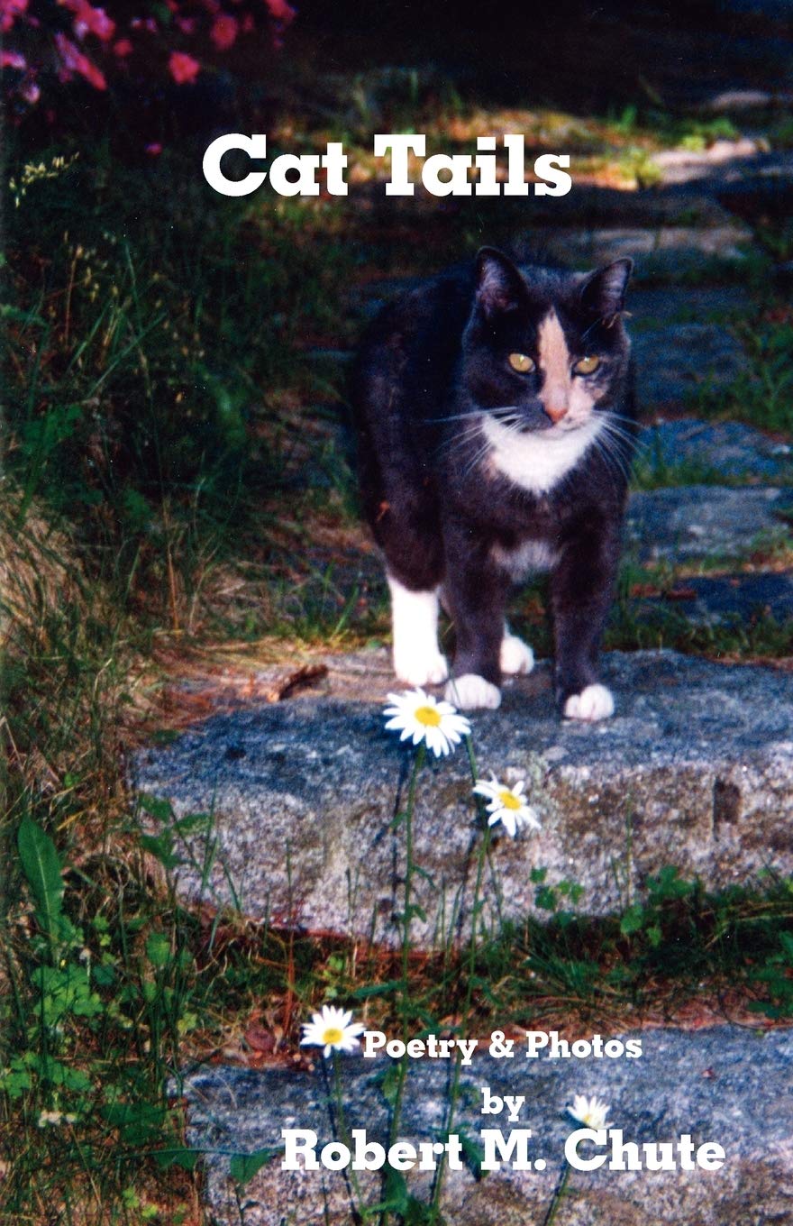Cat standing on a stone path with flowers, book cover titled 'Cat Tails' by Robert M. Chute.
Photo by Karen King [image_link]