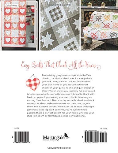 Back cover of a book featuring quilt patterns and text about check patterns in quilts.
[additional_image_link]