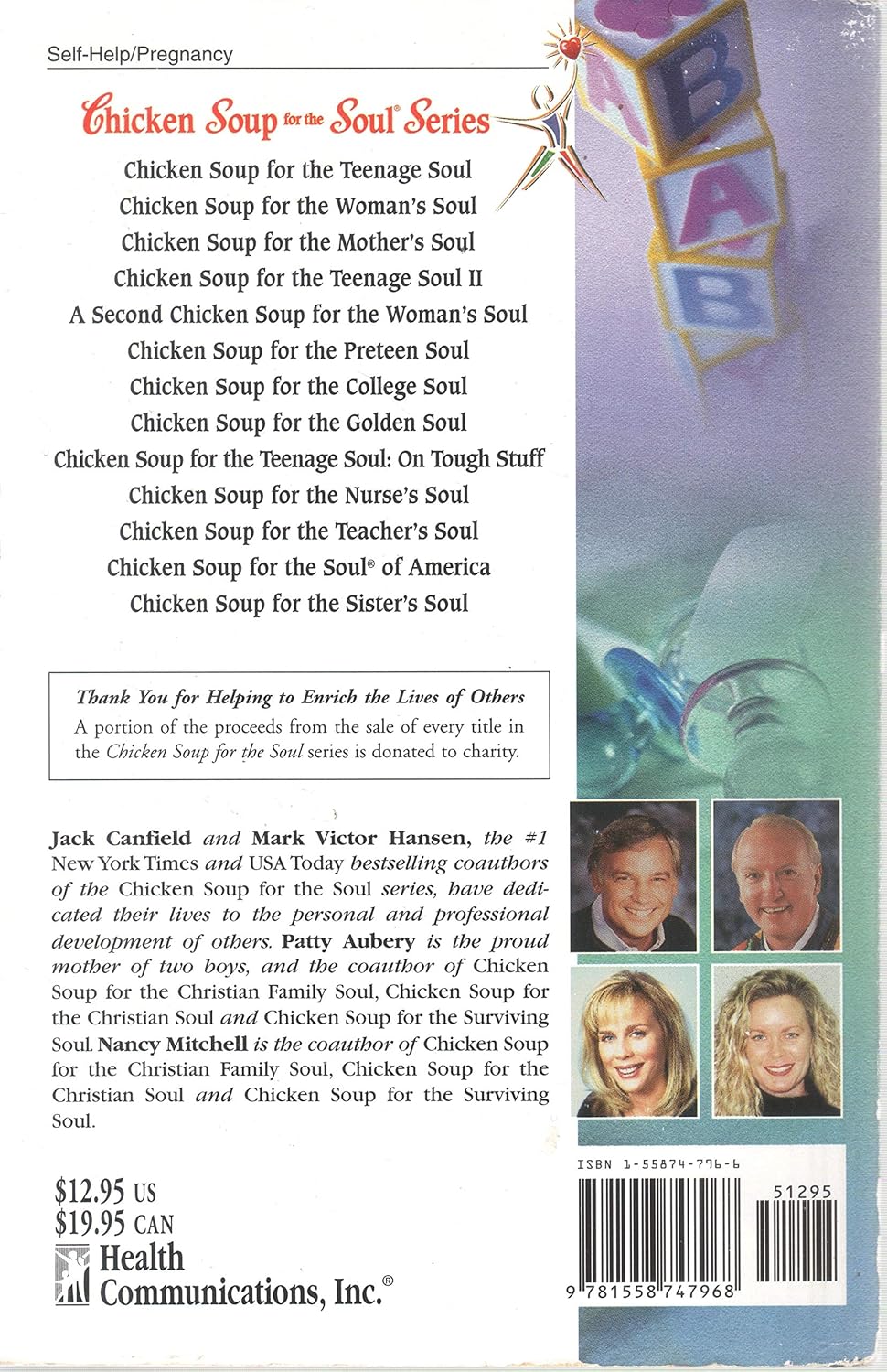 Back cover of a book titled 'Chicken Soup for the Soul' series with text and images of people.
[additional_image_link]